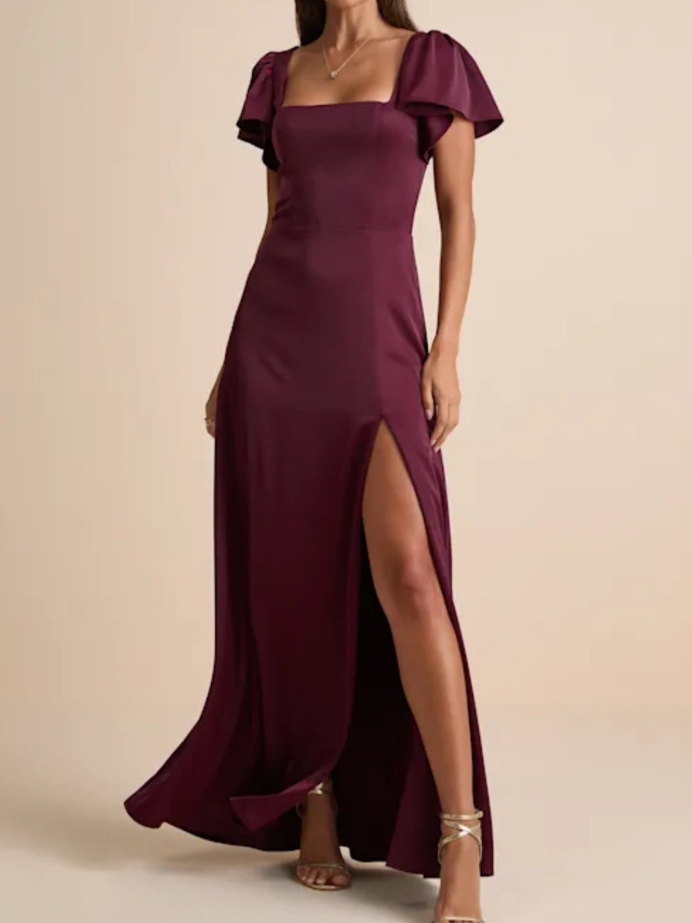 Lulu's Deep Plum Maxi Dress with Puff Sleeves and High Slit